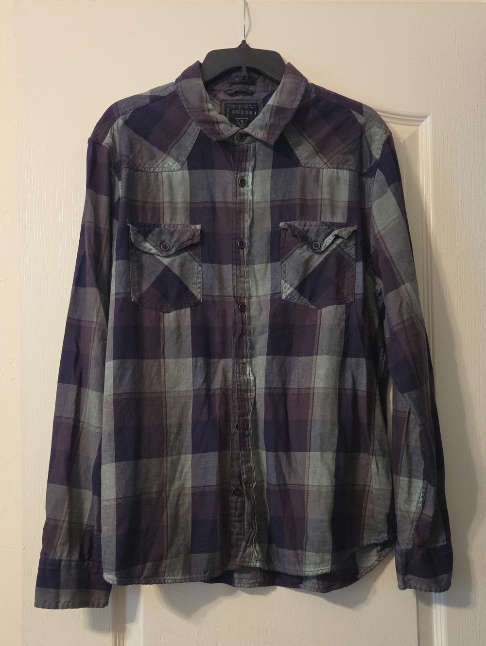 Guess Men's Purple and Gray Plaid Western Style Button-Down Shirt